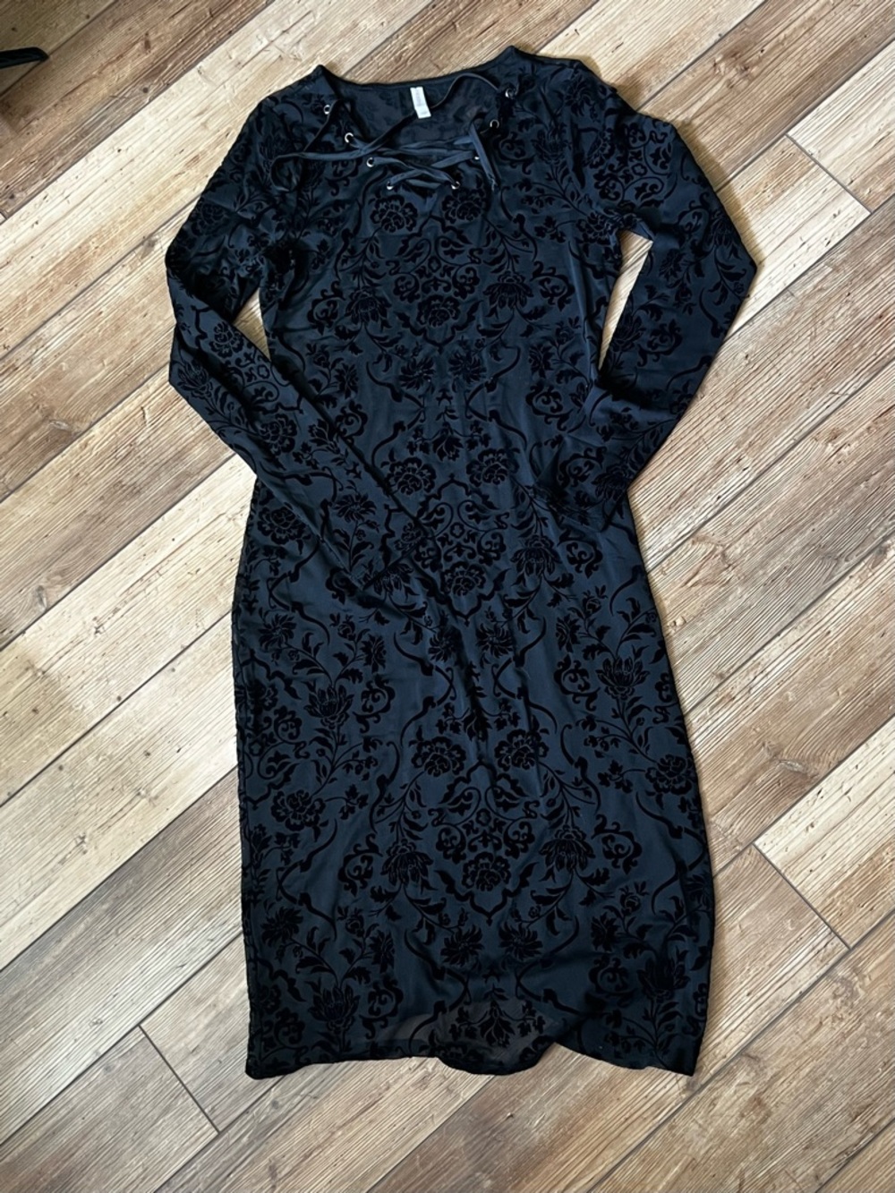 Beautiful Black Sheer Flocked Floral Dress XS